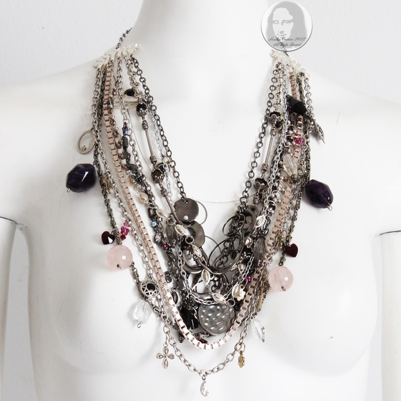 Chunky Necklace Multi-chain Quartz Crystals Charms Upcycled Artisan OOAK - Picture 4 of 9